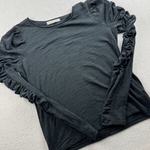 We The Free Top Womens L Black Natasha T-Shirt Crew Neck Puff Sleeve‎ Solid Knit